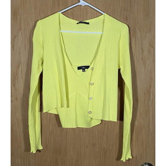 Lulus Bright Yellow Knit Two-Piece Cardigan Set Stretch Preppy Spring Sz Lg NWT - Picture 1 of 8
